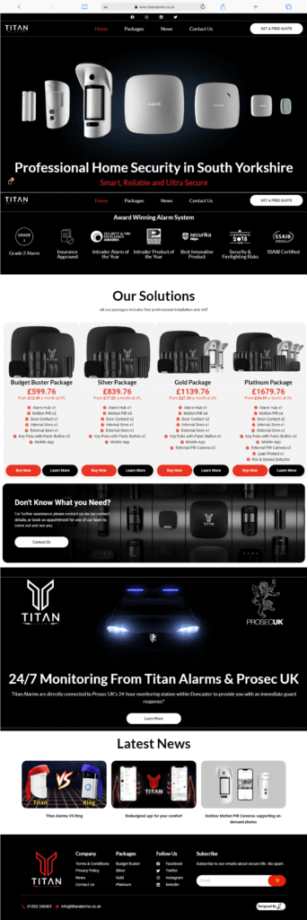 Full Size Screenshot of Titan Alarms Website