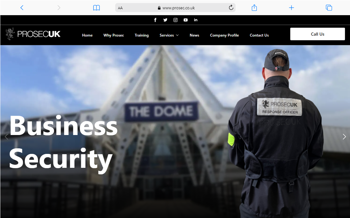 The homepage of Prosec Uk