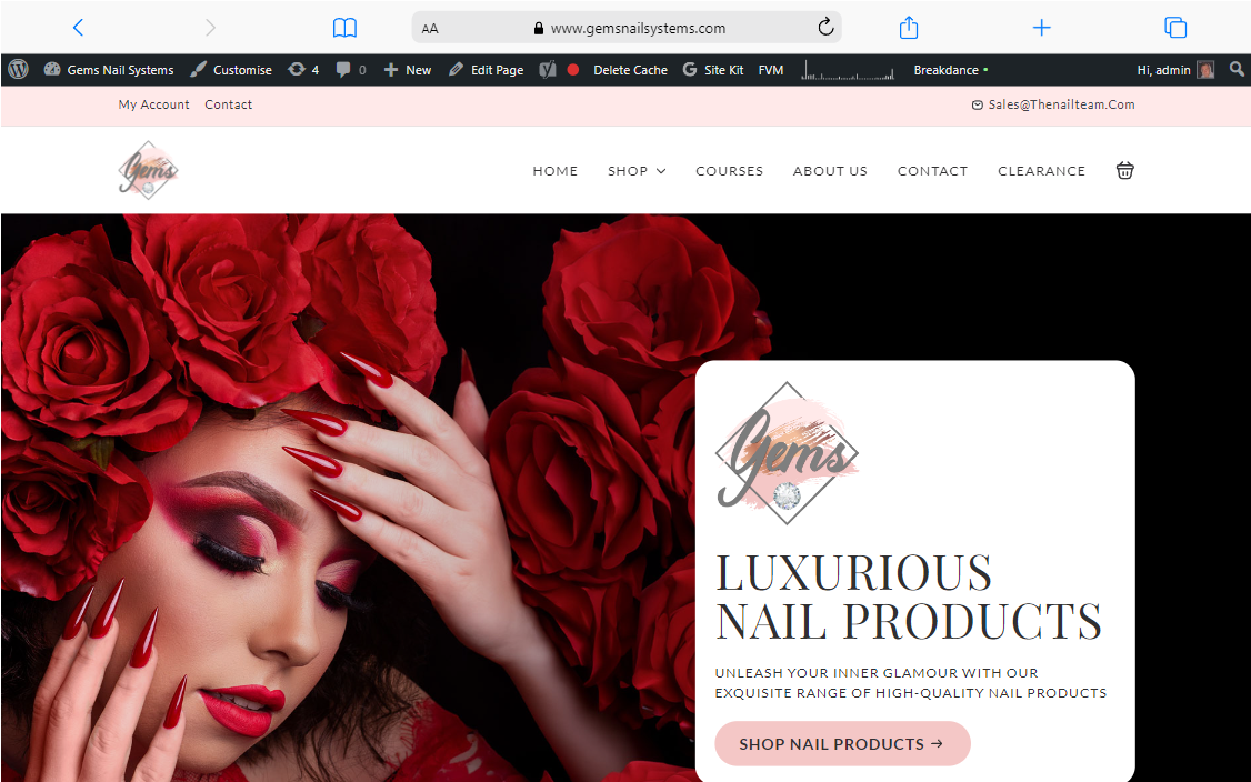 The homepage of Gems Nail Systems